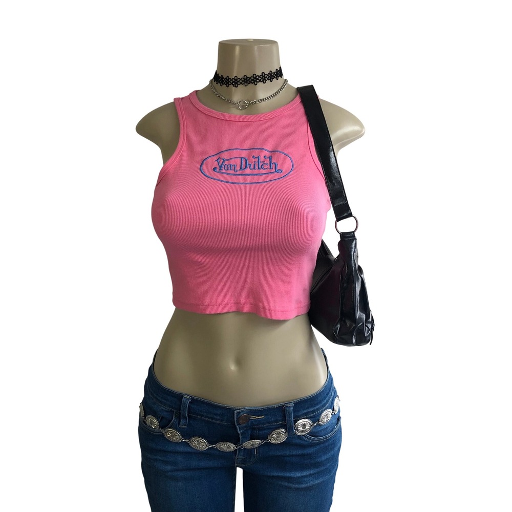 Von Dutch Hot Pink Embroidered Logo Crop Tank Top Ribbed Y2K Style Size Small